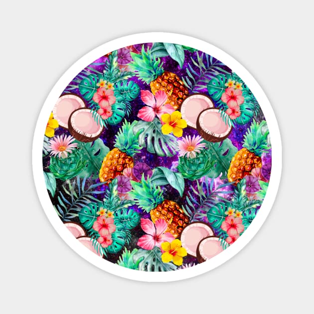 tropical pineapple exotic botanical illustration with floral tropical fruits, dark purple fruit pattern over a Magnet by Zeinab taha